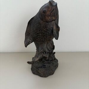 Vintage Bronze Tone Resin Jumping‎ Fish Koi Sculpture on Coral Shell Base 11.5"